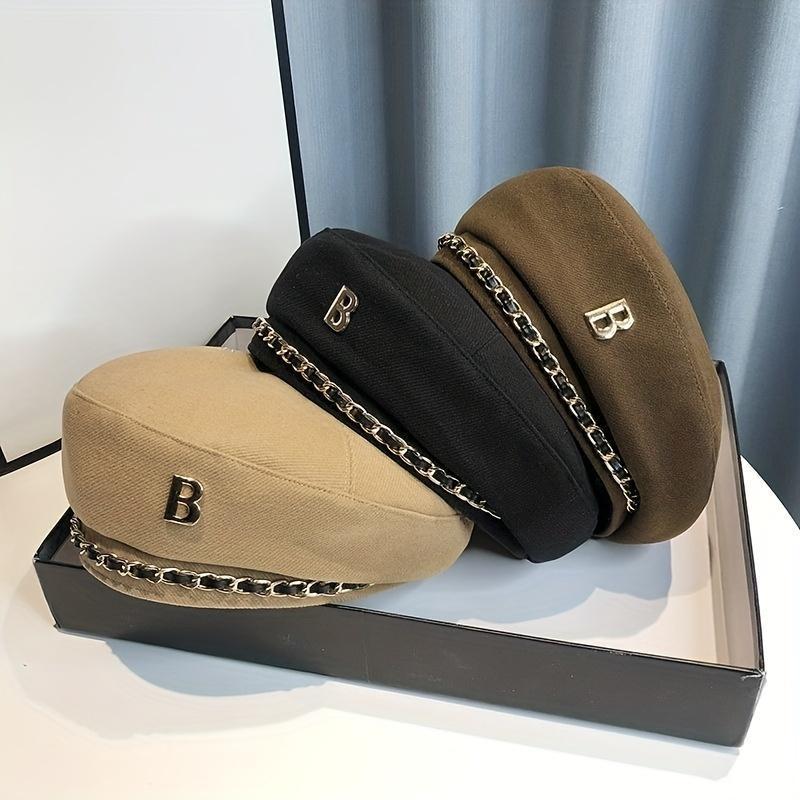 Elegant British Style Beret with Chain Decor - Lightweight Vintage Design for Casual & Formal Wear School Uniform Compatible