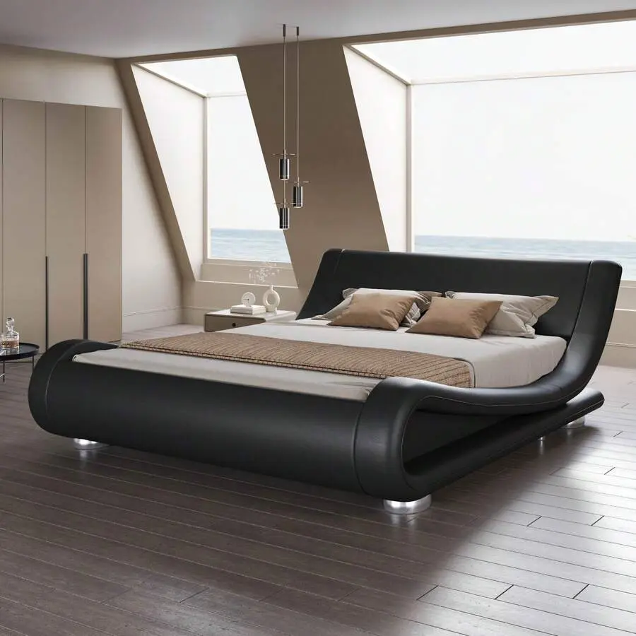 Black Full/Queen Size PU Leather Upholstered Bed Frame - Modern Low Wave Sleigh Bed with Ergonomic Headboard, Adjustable Height, No Box Spring Needed, Easy Setup, 800lbs Max Weight Capacity