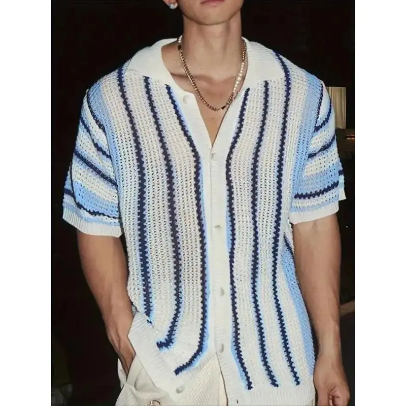 Men's Patchwork Striped Print Cardigan, Loose Casual Short Sleeve Knitwear for Summer, Fashion Men's Knit Clothing for Daily Wear, Tops
