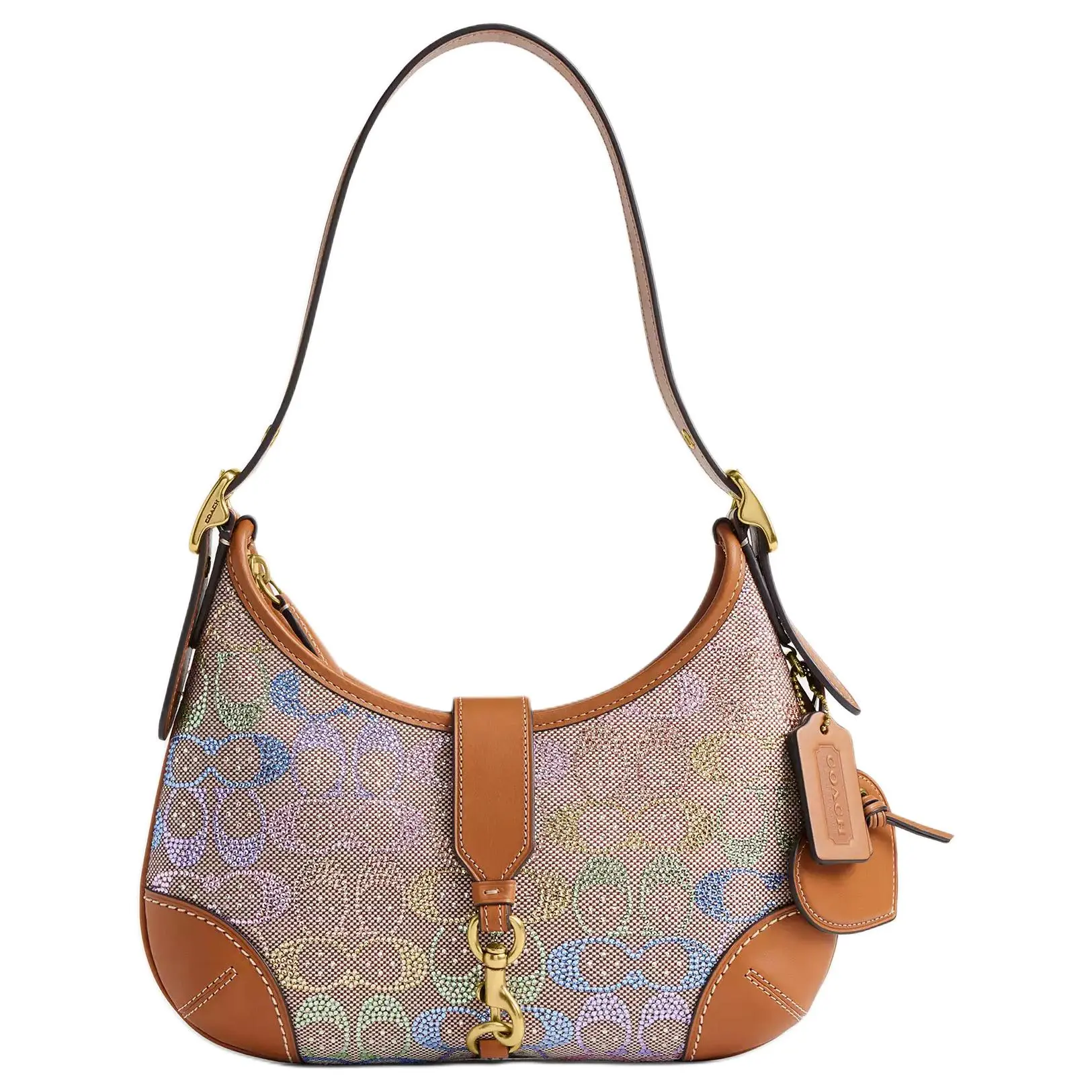 COACH Hamptons 27 Crystal Letter Print Jacquard and Vegetable-Tanned Leather Shoulder Bag for Women, Multicolor