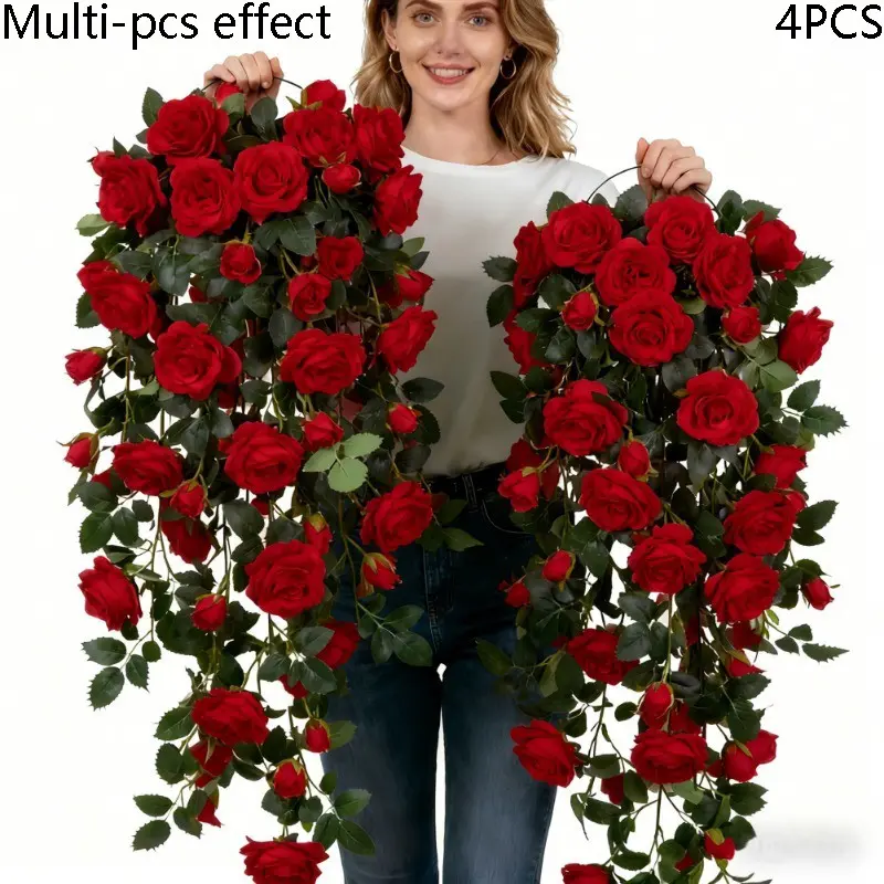 4PCS Artificial Red Rose Vine Wreaths, Fake Floral Decor, Perfect for Spring Floral Arrangements for Hotels And Offices, As Well As for Decorating Rooms, Parties, Weddings, And Birthday Celebrations. They Can Also Be Used for New Year Decorations