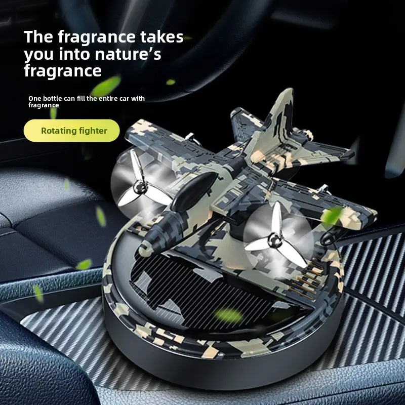 Solar-Powered No.9 Helicopter-Shaped Camouflage Alloy Body Car Fragrance Diffuser, High-End Aromatherapy Ornament for Car Interior Decor