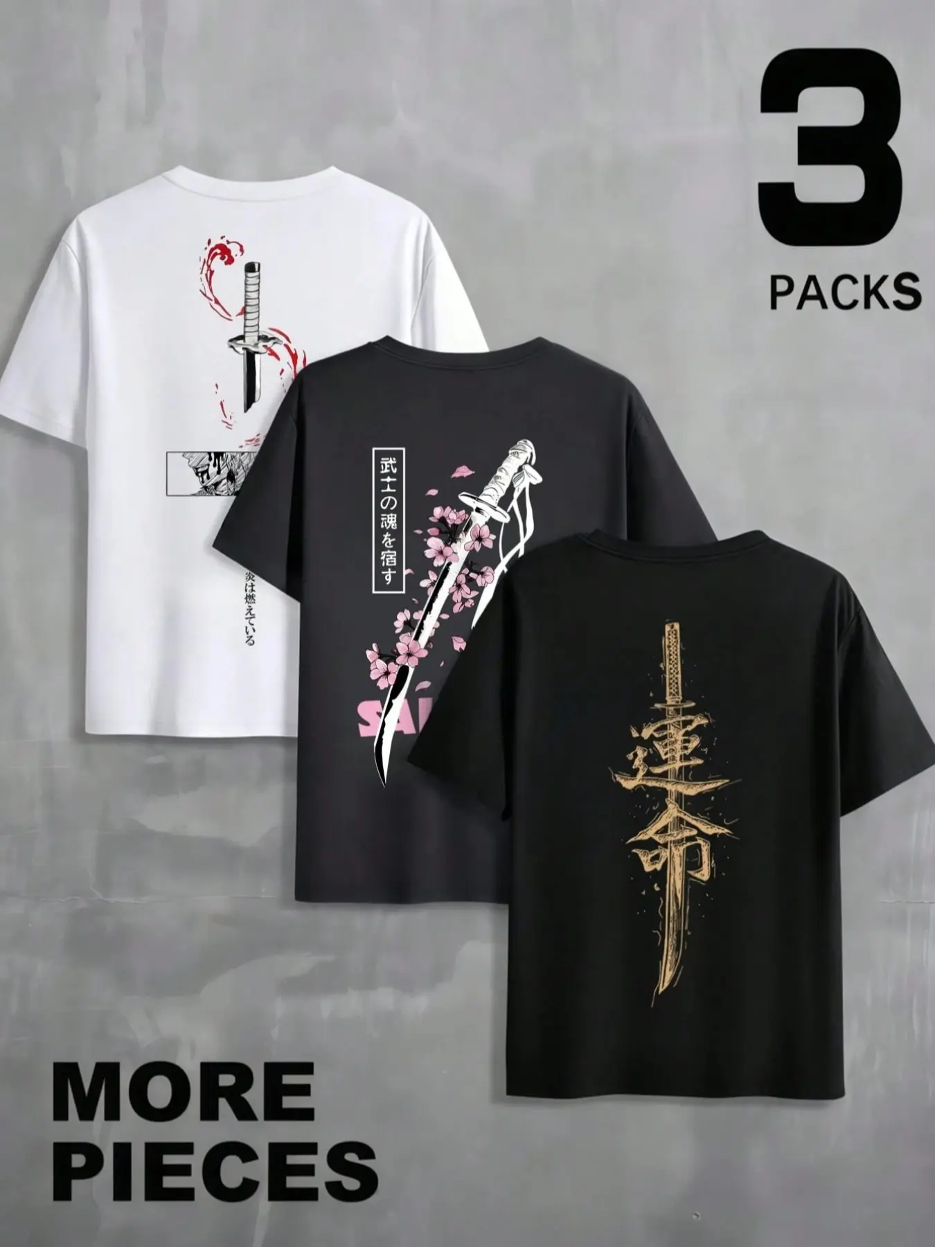 Unisex 3 Styles Multipack Japanese Aesthetic T-Shirts, Bushido Katana & Cherry Blossom Kanji Back Print Crew Neck Short Sleeve Tops, Vintage Anime Samurai Streetwear Tees, Lightweight Casual Summer Shirts for Festival Hangout Back To School Outfits