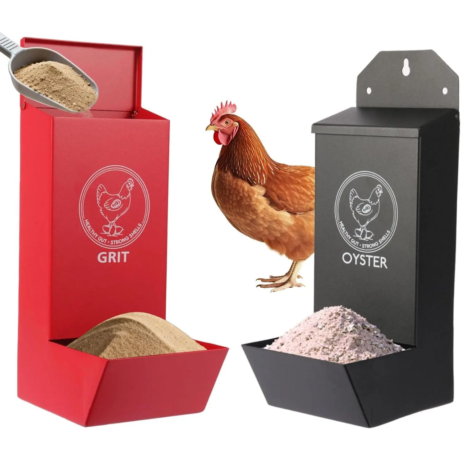 2-Pack Metal Chicken Grit Feeder & Oyster Shell Feeder with Lid - Hanging Gravity Poultry Feeder for Chickens, Ducks, Quail - Rain Proof Chicken Coop Accessories - Wall Mount Chicken Feeders No Waste