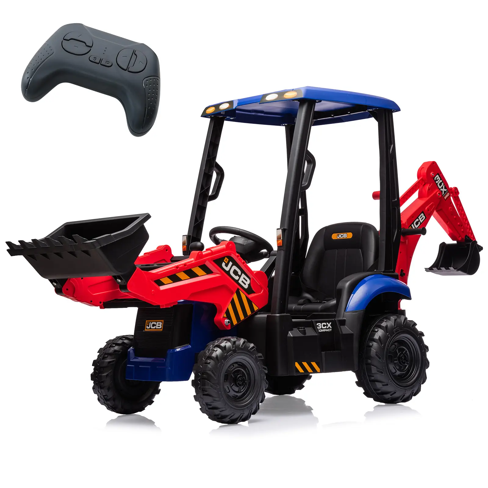 4 in 1 12V Kids Ride On Electric Car – Excavator, Bulldozer & Tractor – Remote Control, Adjustable Seat, Removable Tent, Front Loader, Digger Function, Horn, Durable EVA Tires