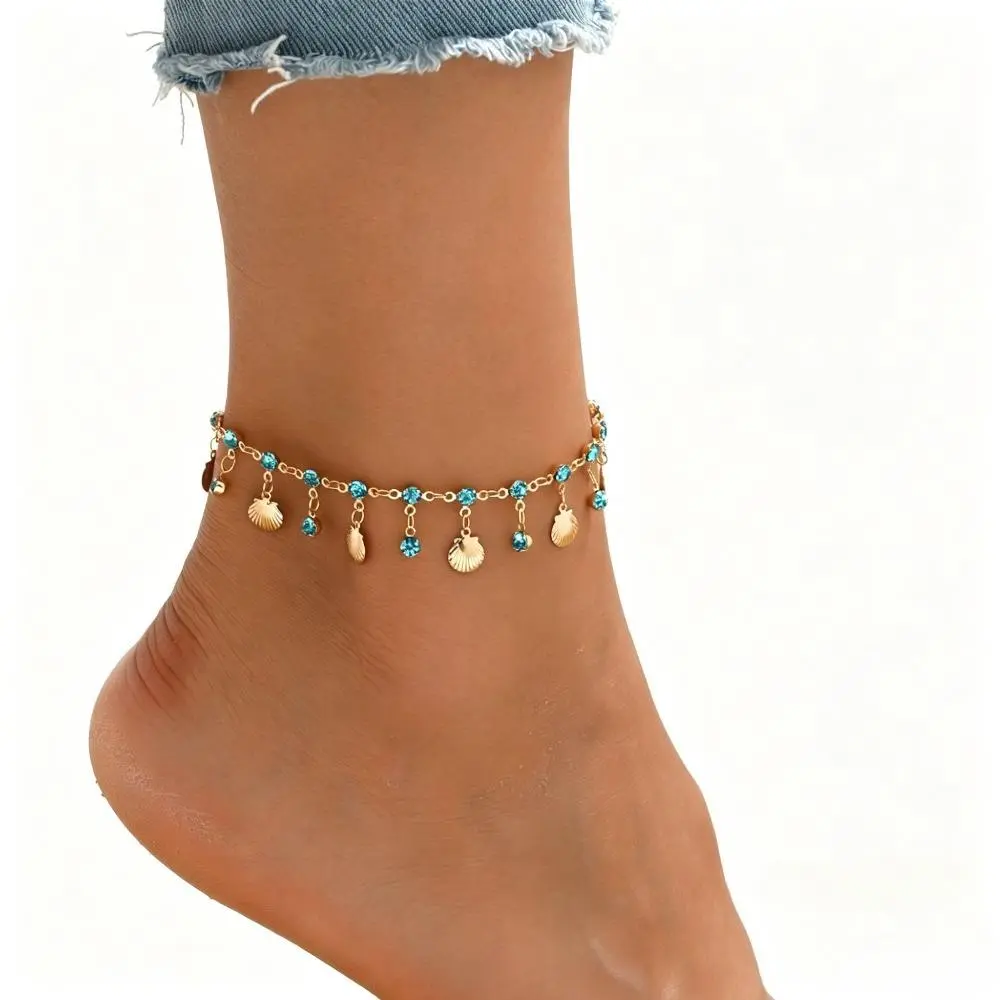 Women's Chain Link Ankle Bracelet - Synthetic, High-End Coastal Aesthetic, Sparkling Blue Zirconia Accents, Romantic Tassel & Shell Details, Lightweight Summer Beach Costume Jewelry