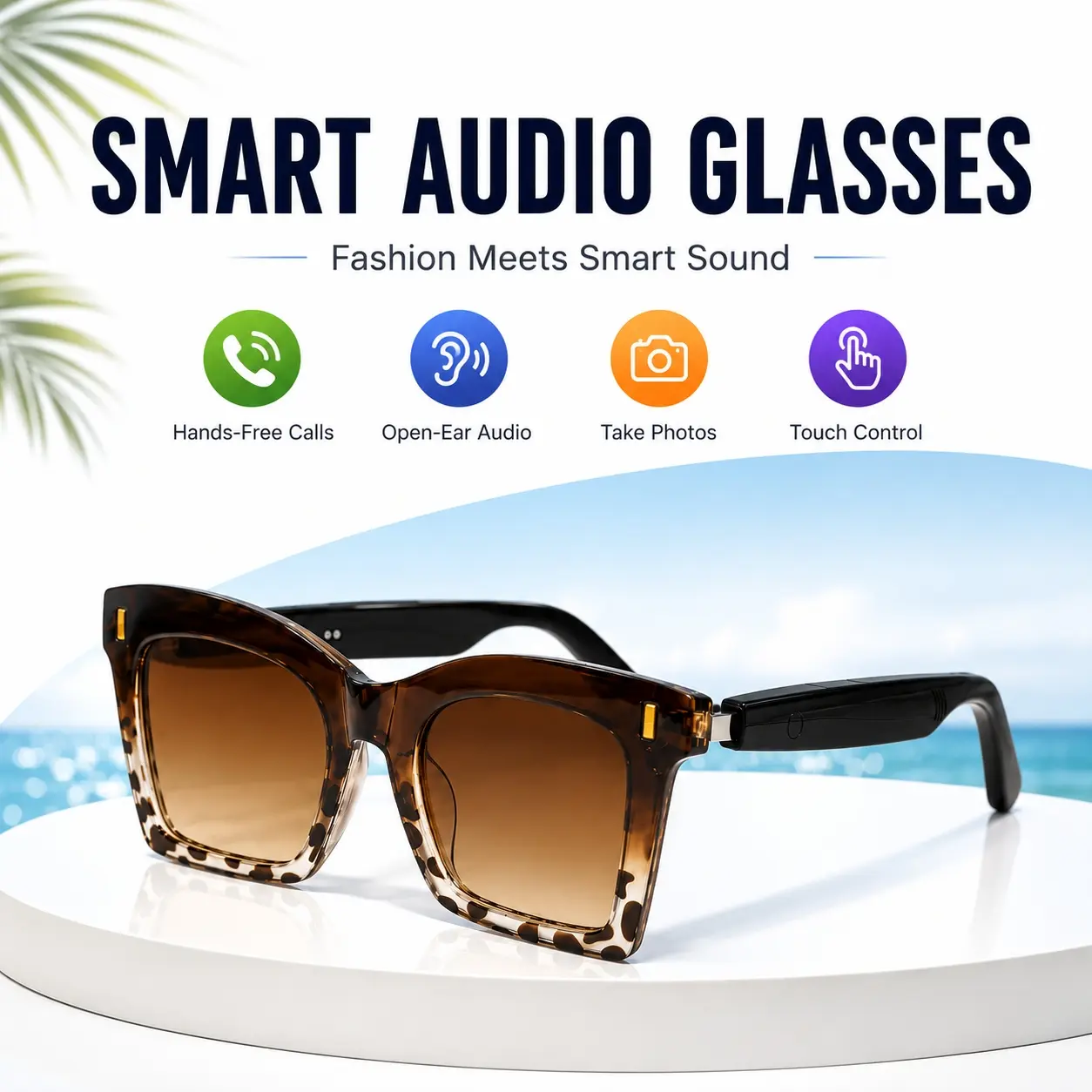 Smart Glasses, Bluetooth Audio Sunglasses with Open-Ear Speakers & Built in Mic, Hands-Free Calls, Touch Control, Voice Assistant, UV Protection for Men Women