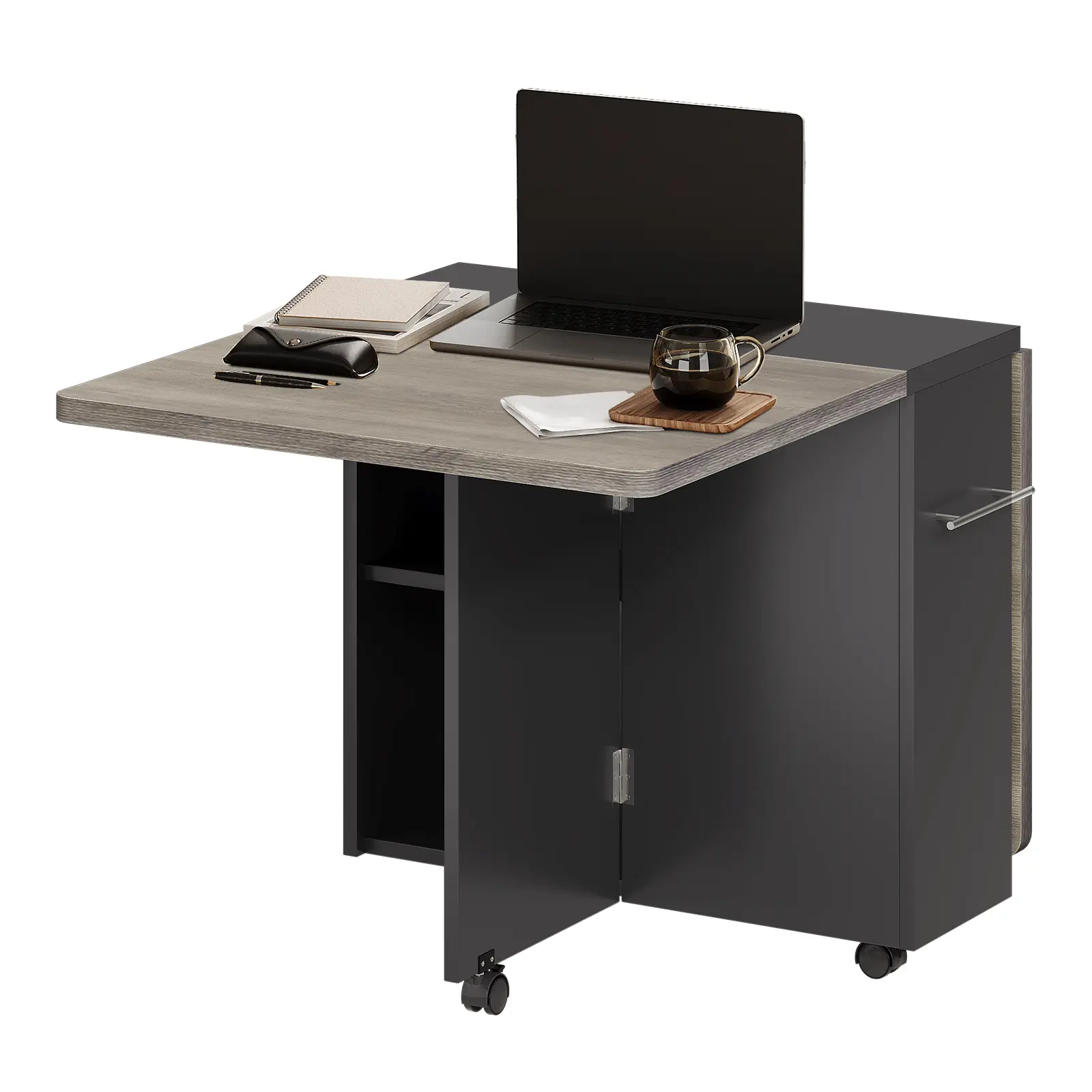 Foldable Wooden Drop Leaf Dining Table - 3-in-1 Design Multipurpose Computer Desk with 2-Tier Storage Shelves, 6 Lockable Rolling Wheels, 20-Minute Quick Tool-Free Setup, 45kg Capacity for Small Space Apartments