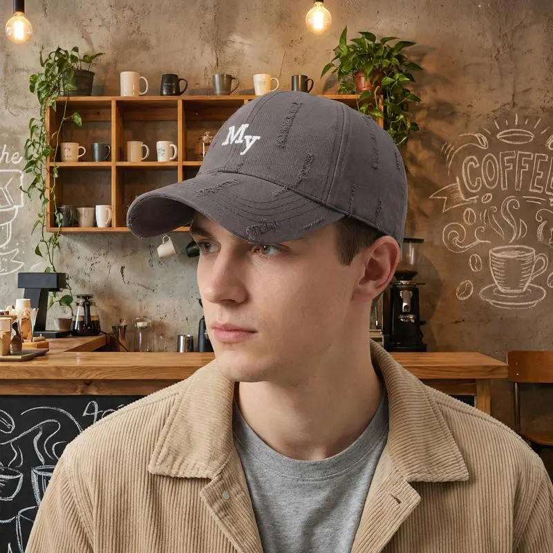 Main Character Energy Baddie Distressed Frayed Baseball Cap Cotton Canvas Y2K Viral Effortless Glamour Sun Hat Women Men Casual Streetwear Dark Grey Embroidered Cap