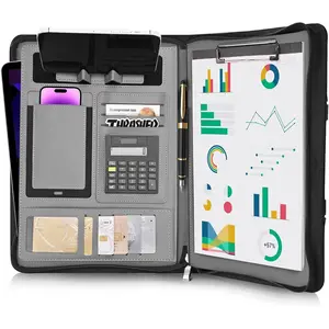 Vegan Leather Zippered Padfolio Portfolio Binder, Business Portfolio Organizer with Calculator for Both Women and Men