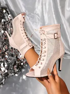 2026 Nude Mesh Roman Sandals, Adjustable Metal Buckle, Breathable Fish Mouth Design, Party Evening Wear, Slimming High Heel Boots