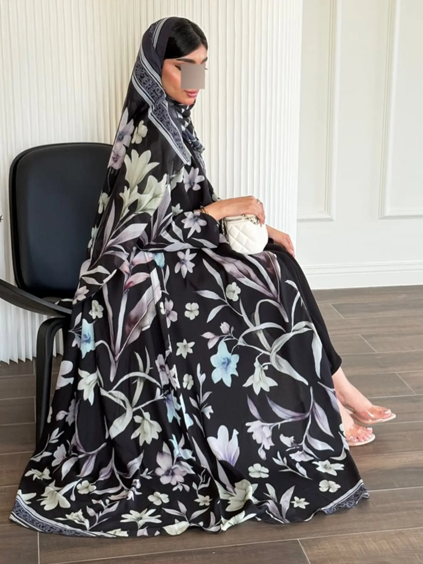 Hafizah Floral Print Long Cardigan with Headscarf, Loose-Fit Casual Outerwear for All Seasons, Versatile Women's Daily Wear