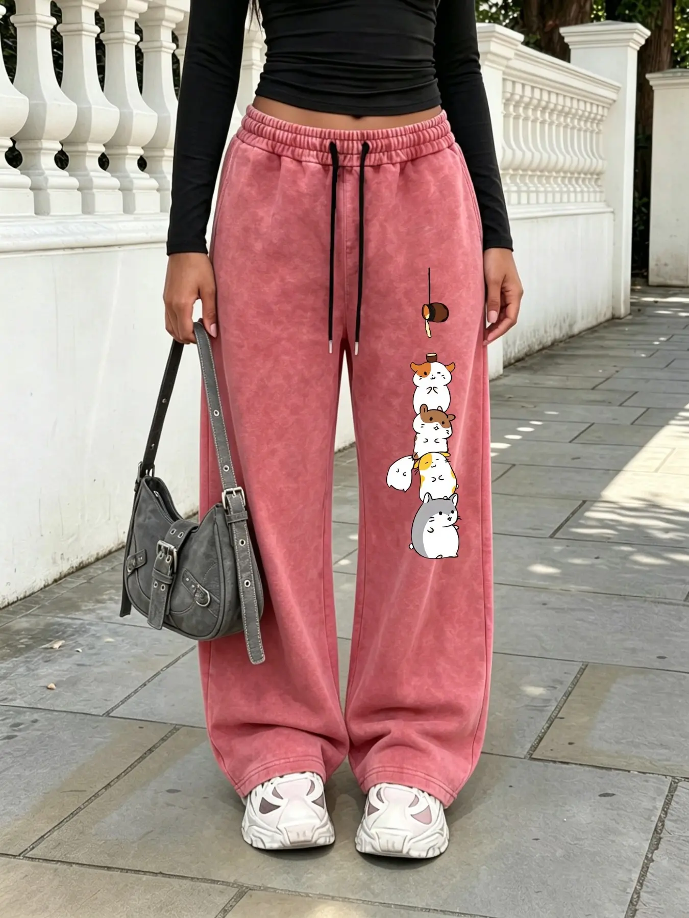 Retro-style stacked cartoon hamster print wide-leg Casual sweatpants with a snowflake wash and fluid drape—a unique design perfect for commuting or versatile everyday styling.