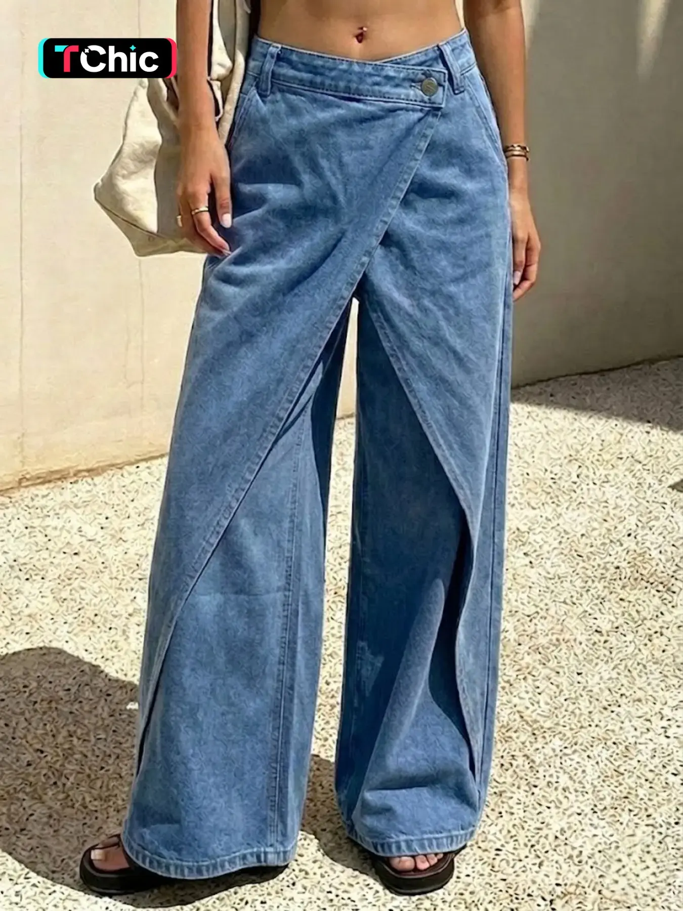 Women’s Non Stretch Denim Wrap Cross Front Wide Leg Jeans, High Waist, Unique Split Design, Casual Street Pants, Elegant Style