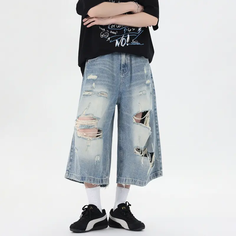 summer shorts Men's Knee Length Denim Culottes, Multi Layered Frayed Ripped Hole Detailing Button Zip Fly Belt Loops Standard Straight Cut Seven Inch Length Bottoms For Street Punk Daily Commute Outdoor Leisure Activities#SummerWins