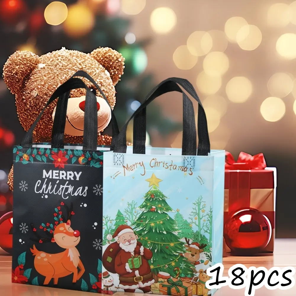 18Pcs Reusable Non-Woven Christmas Gift Tote Bags Cute Gift Bags 6 Designs 3 Each With Handles Xmas Santa Elk Snowman Print Holiday Packaging Pouches For Christmas New Year Party Family Gift Exchange Classroom School Holiday Decor Supplies