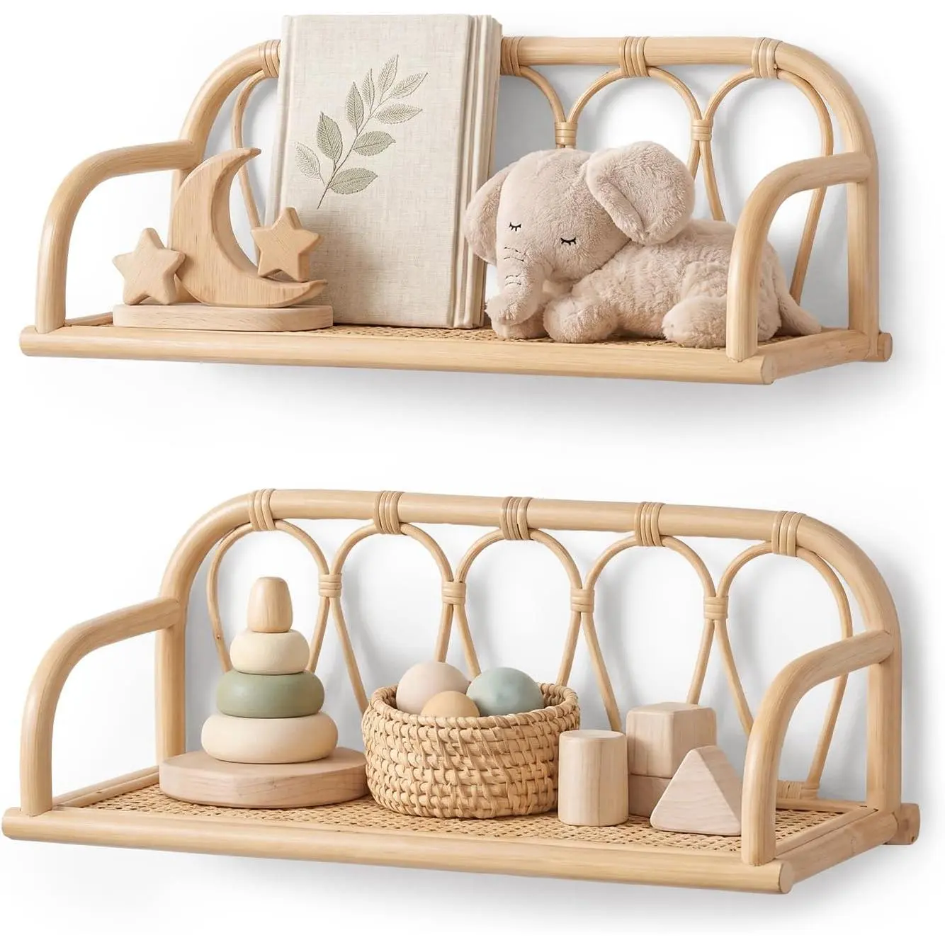 Lewtemi 2 Set Rattan Wall Shelves, Boho Wicker Floating Shelves for Nursery, Scalloped Bookshelf Wall Mounted, Natural Rattan & Solid Pine Storage Shelf for Kids Room Bedroom Decor