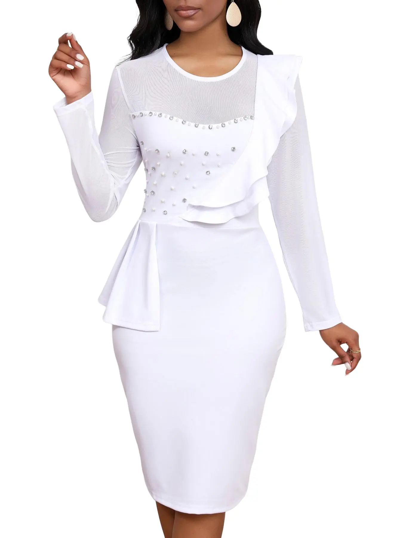 Pearl Rhinestone Ruffled Dress, Mesh Sleeve Slim Fit Knee-Length Gown, Elegant Party Wear, Plain Surface Design, Long Sleeves