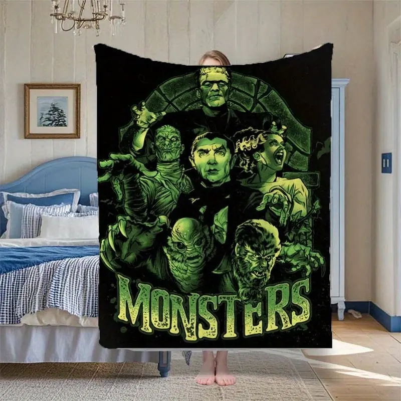 Universal Monsters themed printed flannel blanket, soft and comfortable for all seasons, suitable for sofas, offices, camping and travel, perfect as a gift