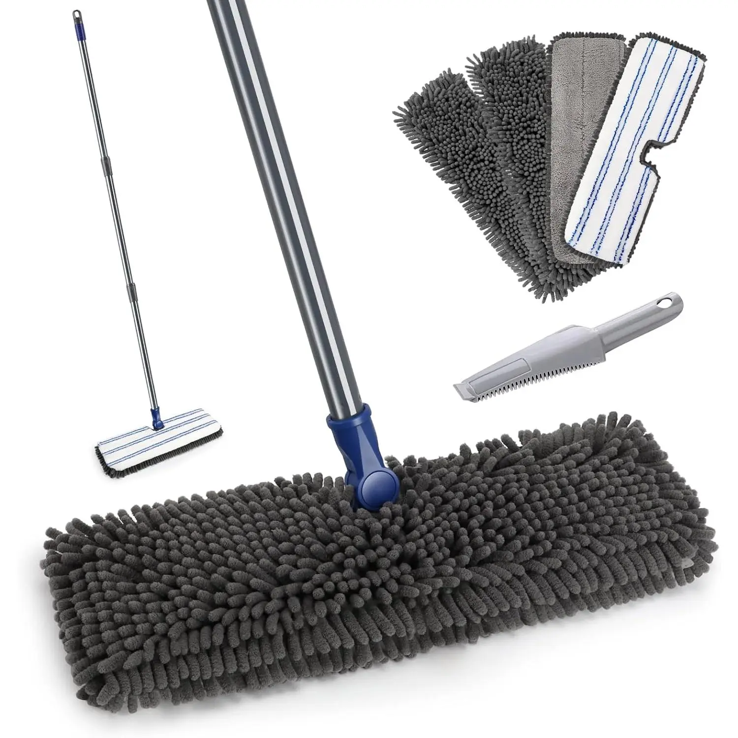 Dual Sided Flip Mop, Wet Dry Microfiber Dust Mop with 4 Pads & Scraper, 360 °   Swivel for Hardwood, Laminate, Tile, Pet Hair Cleaning
