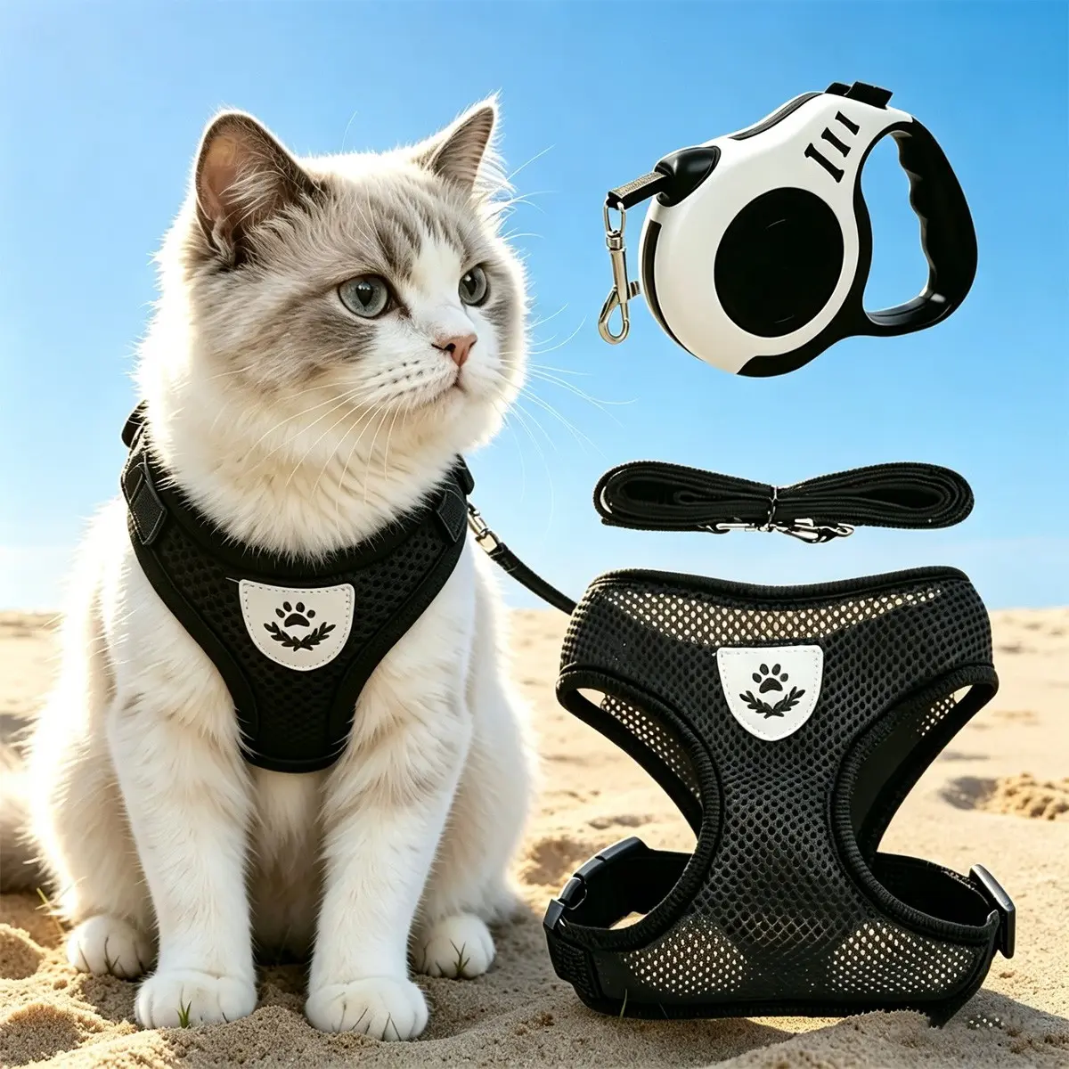 Three-Piece Pet Leash Set, Harness Leash Combo, Vest Harness + Leash + Retractable Handle, Anti-Slip Comfortable Fit, Ideal for Walking Cats, Kitten Harness And Leash Set