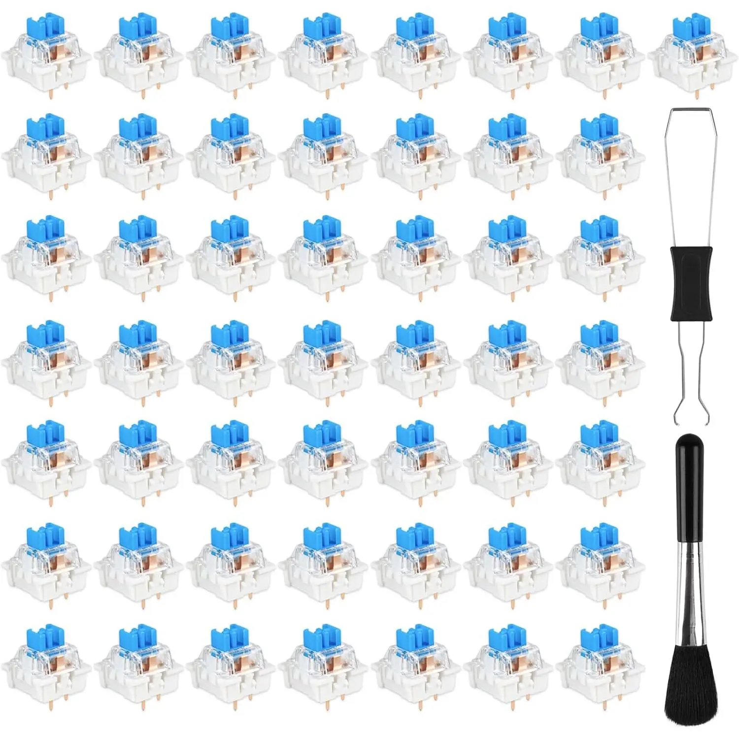 50-Count Blue MX Standard 3-Pin Clicky Tactile Mechanical Keyboard Switches with POM Stem, Transparent Housing, Dust-Proof Plug-In Design, Stable DIY Kit for Hot-Swap KBs Including Puller & Brush, Copper Alloy, Clicky Feedback