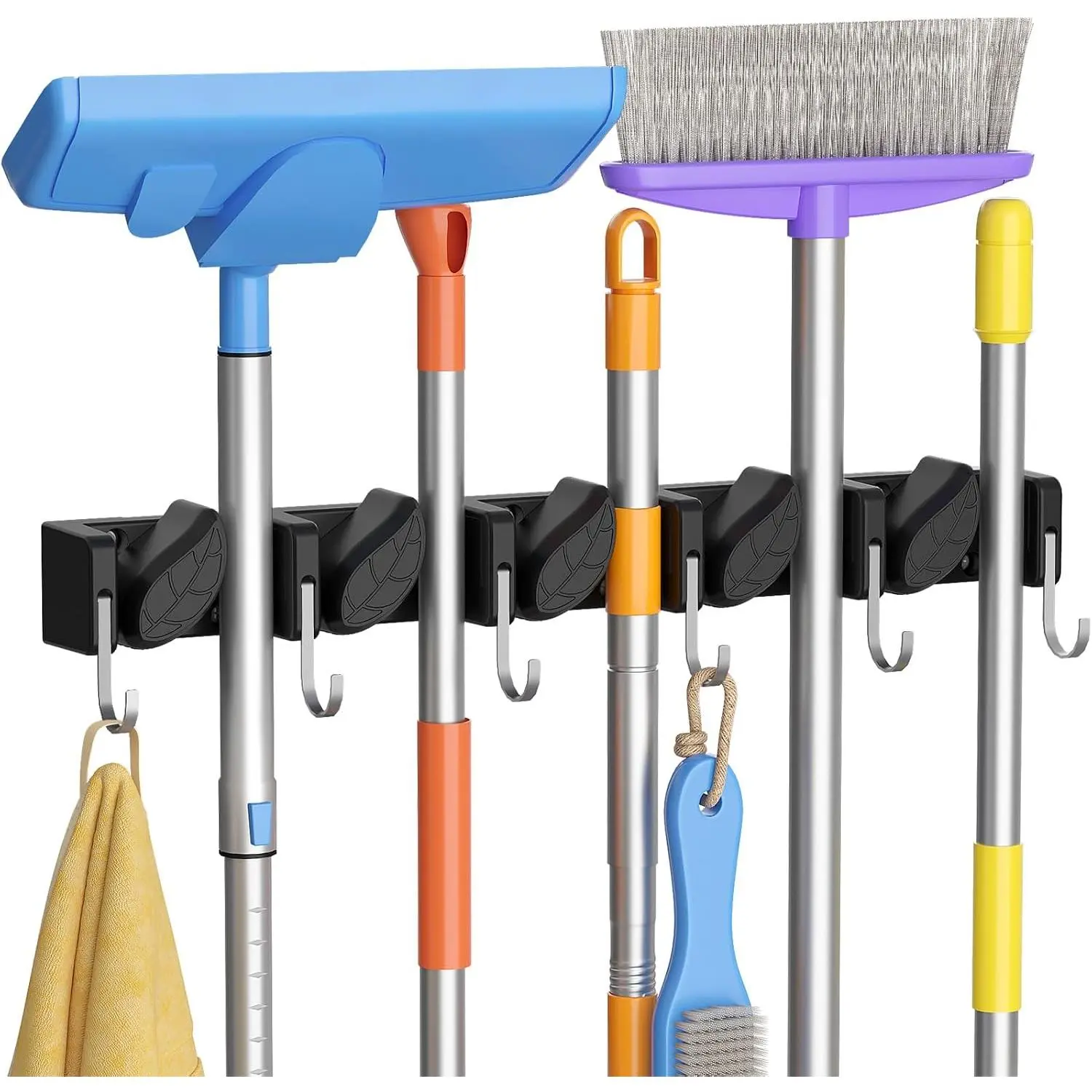 Broom and Mop Holder Wall Mount, Non-Slip Cleaning Tool Hanger Organizer with 6 Hooks 5 Slots, Heavy Duty  Broom Utility Rack for Kitchen, Garden, Garage, Laundry, 1 Pack, Black