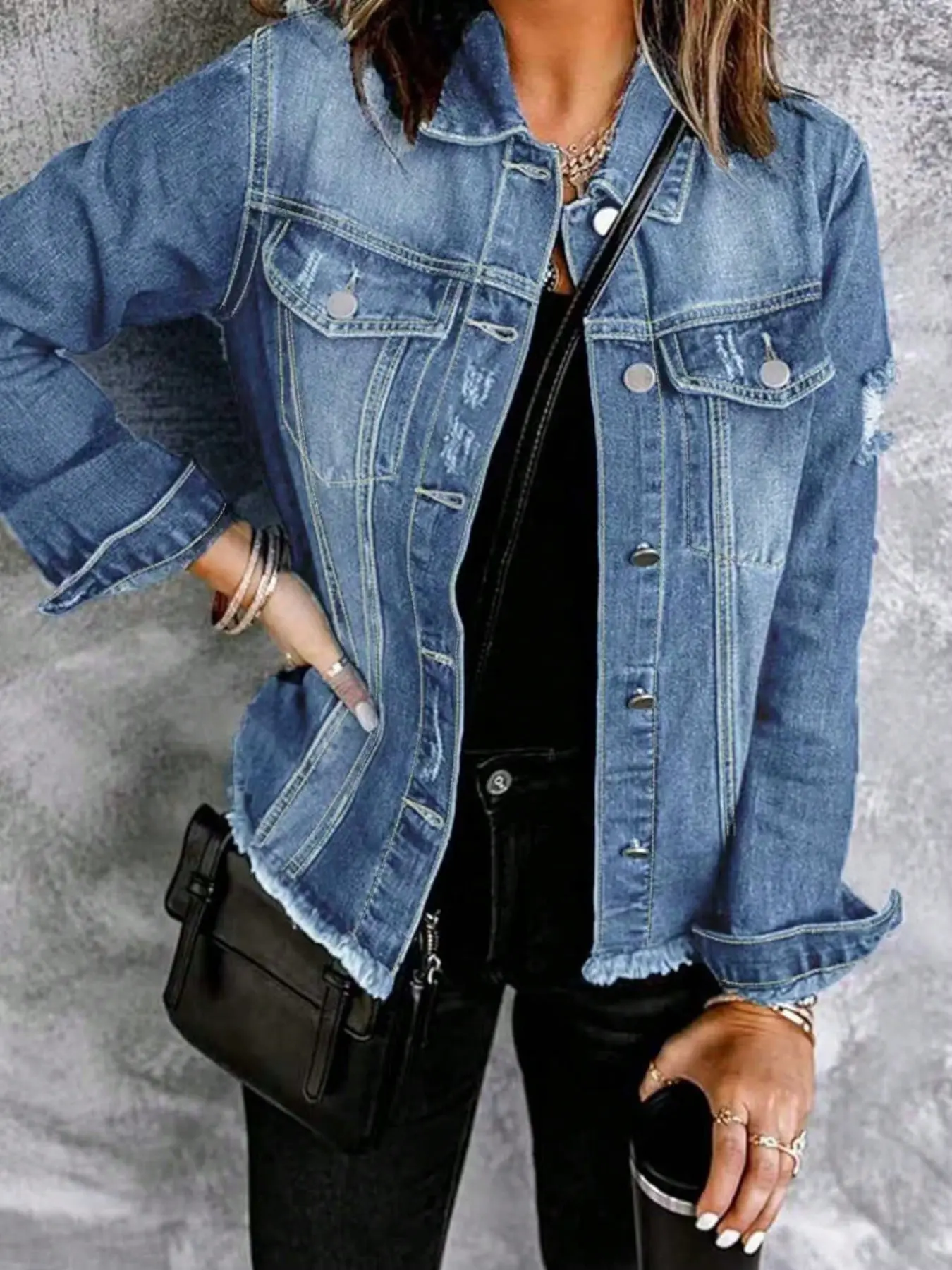 Women's Light Blue Washed Denim Jacket Coats, Jean Jacket, Outerwear, Distressed Ripped Frayed Hem, Long Sleeve Y2K Streetwear, Everyday Casual for Spring Fall