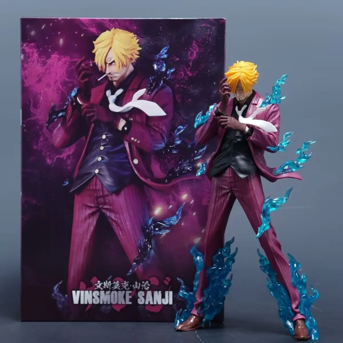 One Piece Sanji Devil Fruit Figure, Figurine, 25.5cm Height, Detailed Gold Hair, Suit, Blue Flame Effect, PVC Material, Collectible Model
