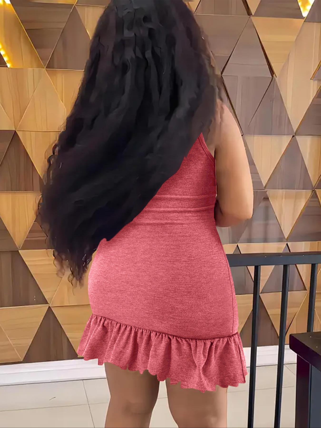 Women's Solid Color Round Neck Ruffle Trim Dress, Fashion Casual Crew Neck Sleeveless Short Dress for Daily Outdoor Wear, Women Dress for Summer, Bodycon Smooth Dress