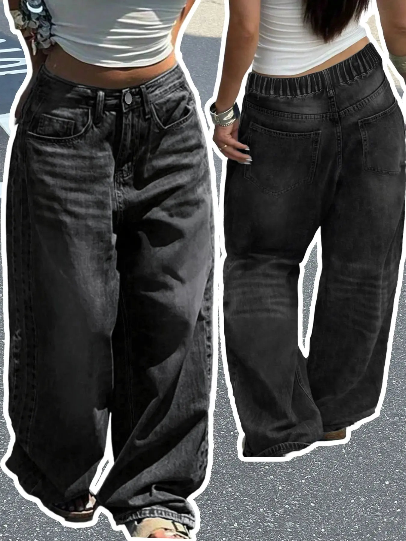 Plus Size Women's Vintage Washed High Waist Jeans, Baggy Wide-Leg Denim Pants, Elastic Waistband, Grunge Streetwear for Curvy Women