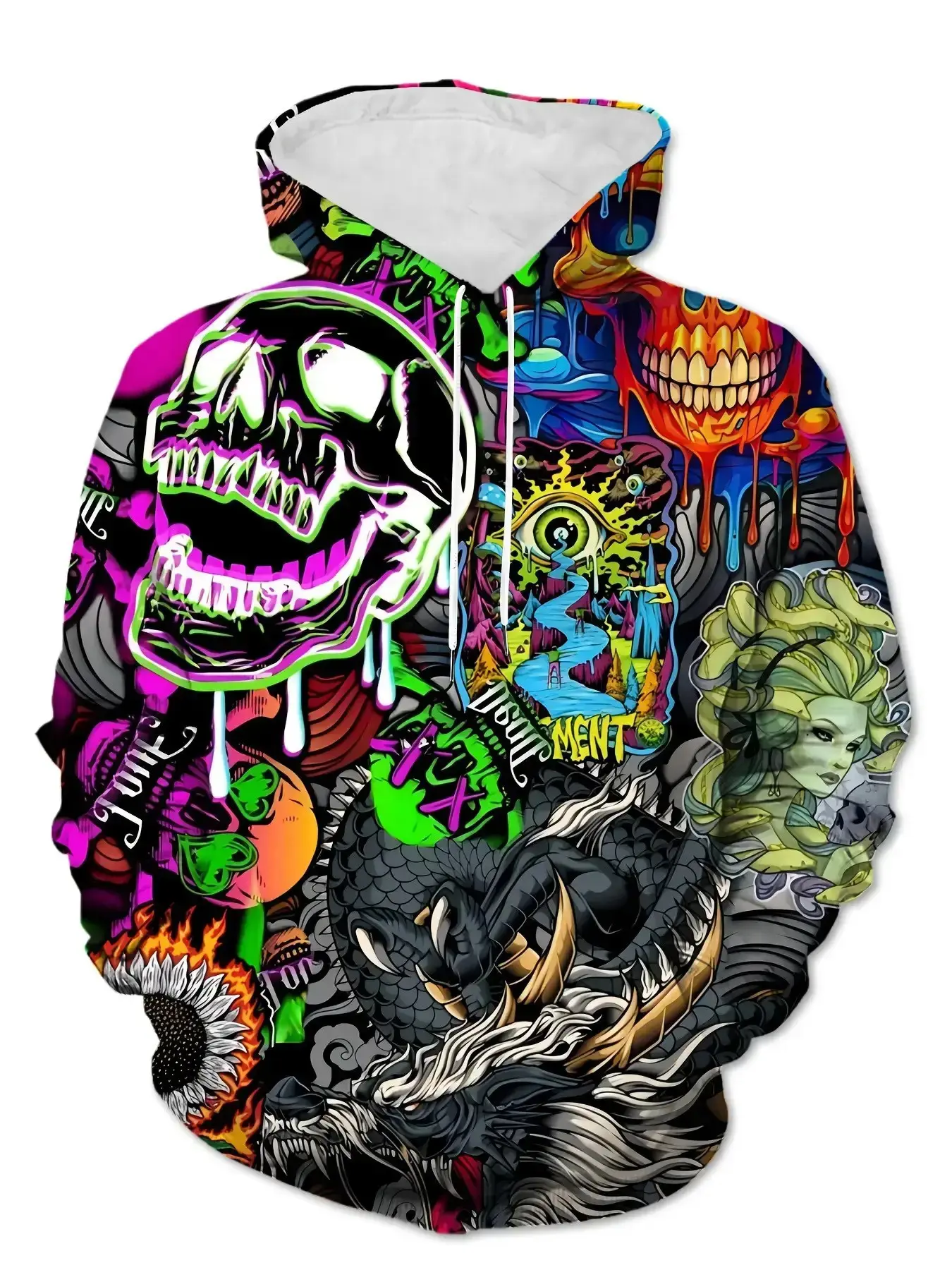 Multielement Psychedelic Graffiti Sweatshirt, Long Sleeve Asymmetrical Design, All over Print, Loose-Fit Fall & Winter Top