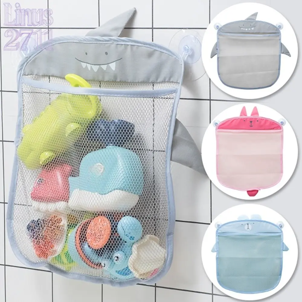 2pcs Cute Cartoon Bath Toy Mesh Storage Bag Strong Suction Cup Quick Dry Hanging Waterproof Kids Bathroom Toy Organizer