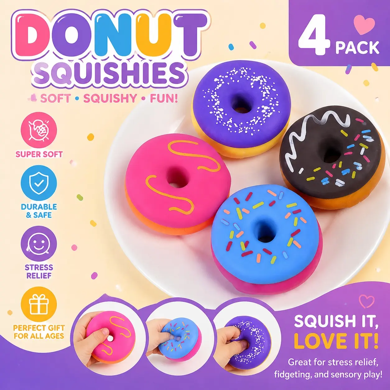 Doughnut Squeeze Toy Set of 4, Soft Squishies, Ultra Soft Stress Relief Toy, Safe Non-Toxic Sensory Toy, Squishy Sensory Play, Kids and Adults Relaxation Tool, Multi-Color Mixed