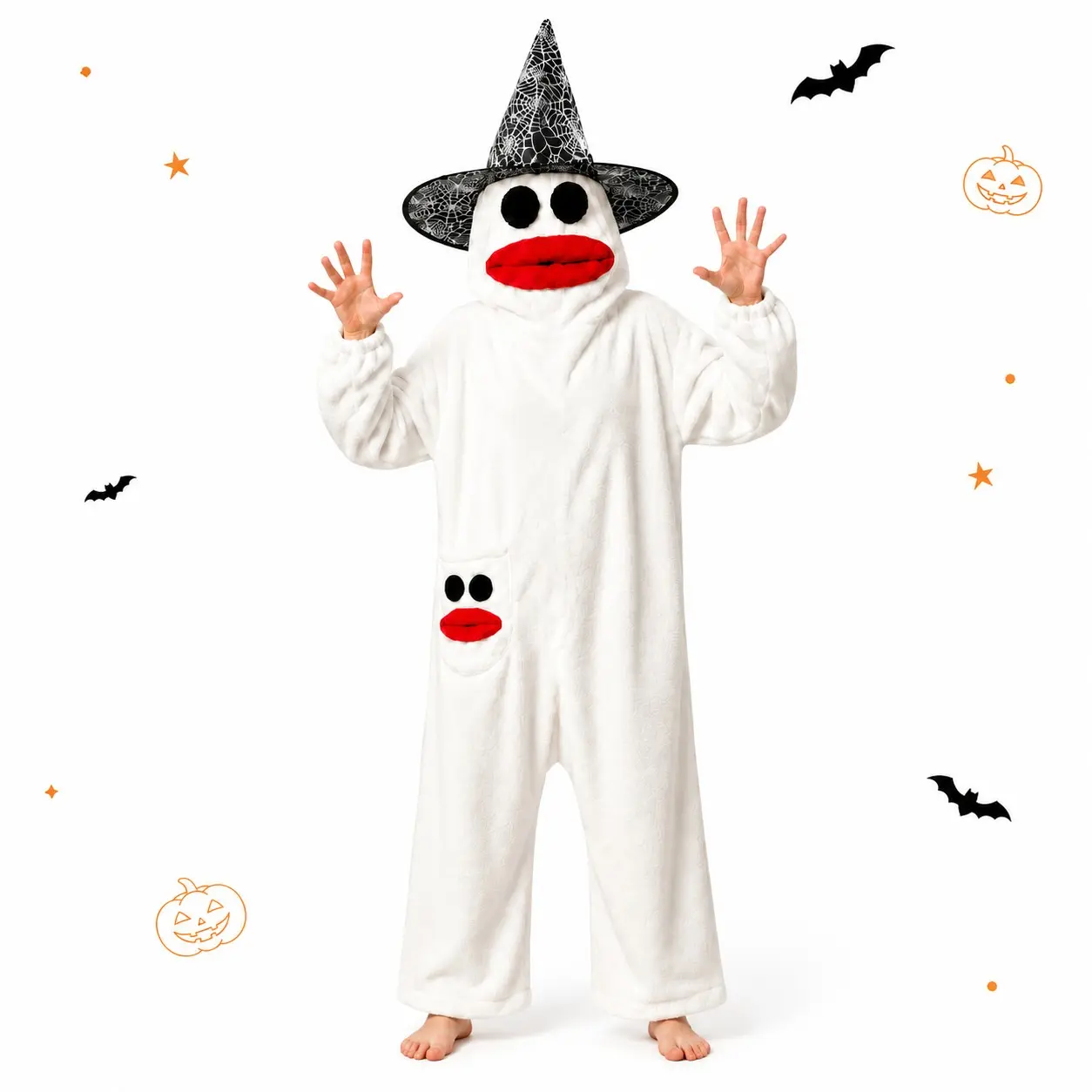 Funny Halloween Ghost Onesie Wearable Blanket, Soft Plush Hooded Sleepwear Loungewear, Cosplay Costume Pajamas with Hidden Inner-Leg Zipper