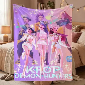 Huntrix Girl Squad Flannel Blanket, K-Pop Stage Collage Style With Bold Character Art for Dorm Bed, Sofa Corner, Music Room Accent, Teen Room Decor, Lightweight Nap Cover for Birthday and Holiday Fans at Home Night