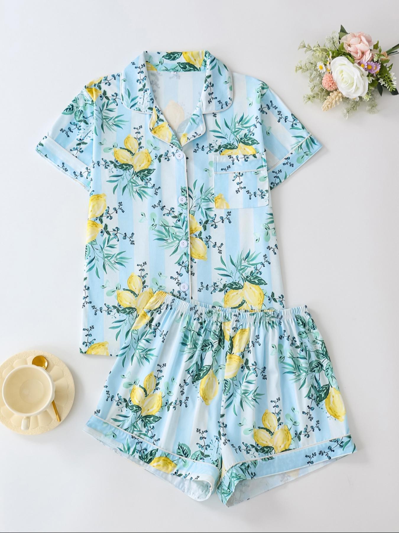 Women's Lemon Print Short Sleeve Pajama Set, Fruit Print Pajama, Button Front Chest Pocket Design Lapel Neck Shortsleeve Top & Elastic Waist Shorts Set, Ladies Summer Sleepwear