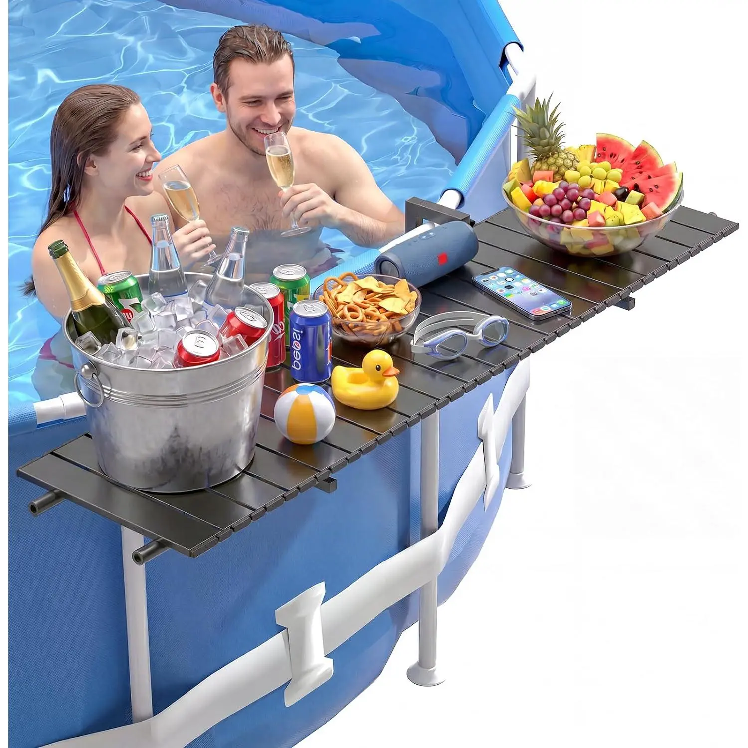Swim-Up Above Ground Pool Bar Table, 47"x11.7" Heavy-Duty Matte Black Poolside Table with Stainless Steel Frame, Aluminum Tabletop, Storage, Drainage, Fits 2-4" Top Rails & 22.8-48.4" Leg Spacing, for Round & Oval Pools, Easy to Clean, Assembly Required,