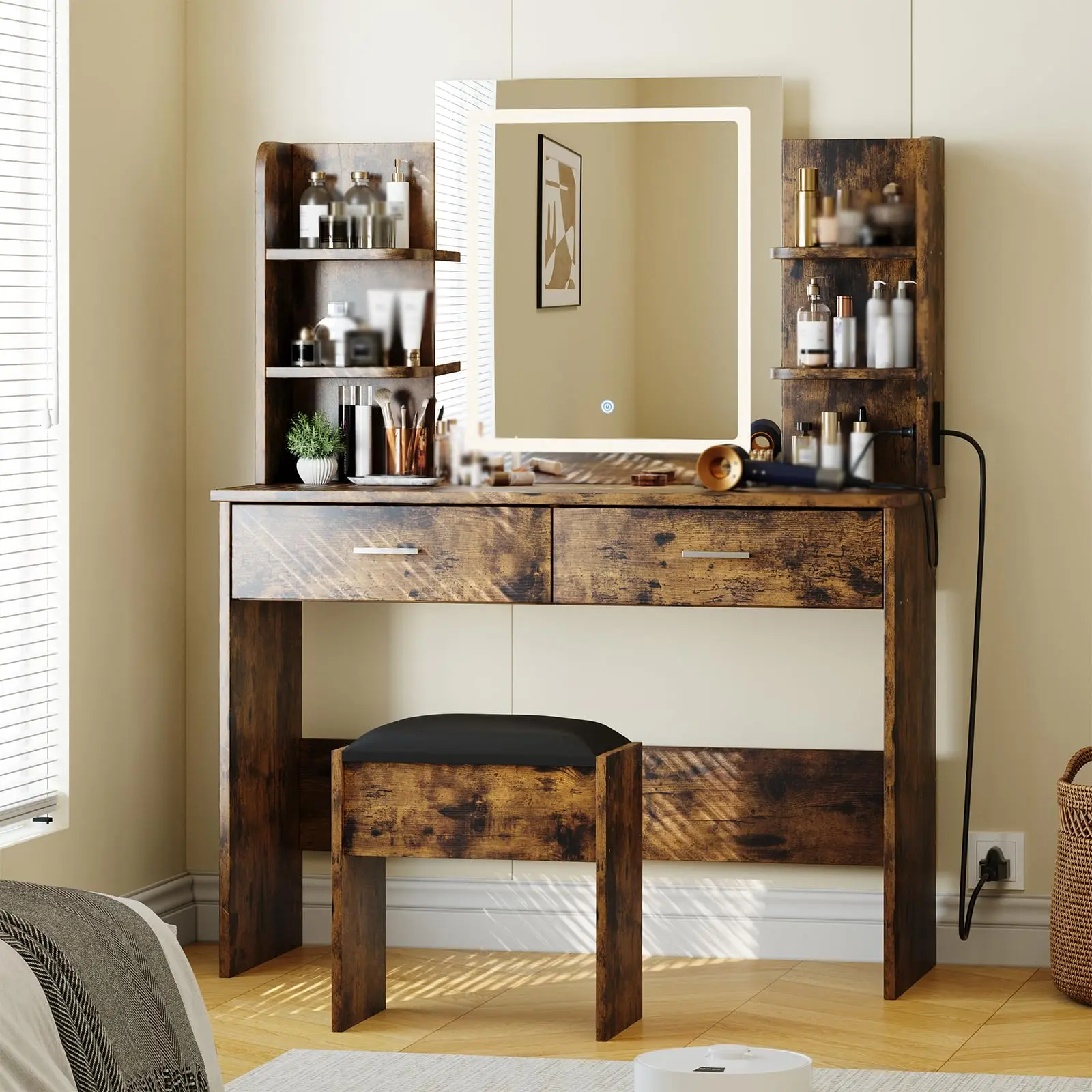 GARVEEVanity Desk with Mirror and Lights Makeup Vanity Set Featuring Power Outlet, 6 Storage Shelves, 2 Large Drawers, and 3-Color Adjustable Brightness in Rustic or Marble Black Finish