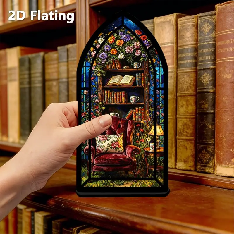 1 20X10 acrylic book stand, 2D flat colored glass style flower reading corner, decorated bookshelf with bookshelf pattern, Easter Mother's Day gift, durable and beautiful bookshelf shelf decoration, suitable for library book corner bookshelf display