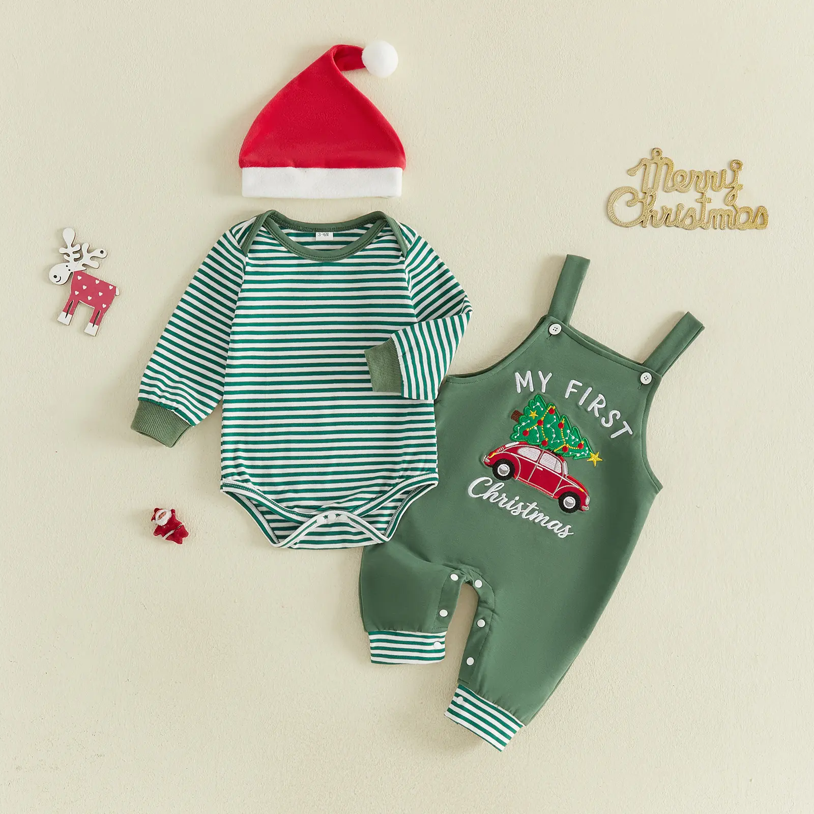 FOCUSNORM Newborn Baby Boys 3Pcs My First Christmas Embroidery Overalls Striped Bodysuit Santa Hat Holiday Outfit Set 0‑18M