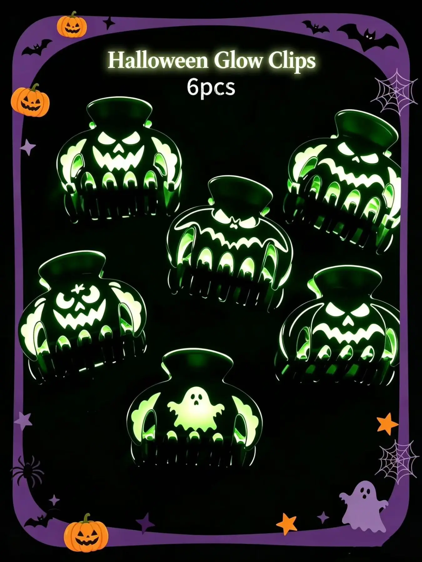 6Pcs Glow In The Dark Halloween Claw Clip Set, Spooky Pumpkin Ghost Large Shark Hair Clips, Non‑Slip Hair Accessories for Halloween Party, Cosplay, Trick or Treat, Night Events & Daily Wear for Women Girls