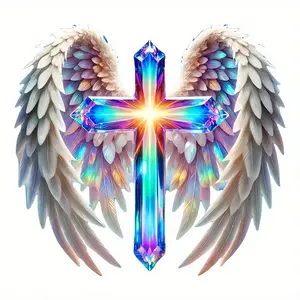 Religious theme; Faith sticker: Cross and angel wings radiate a rainbow-like light