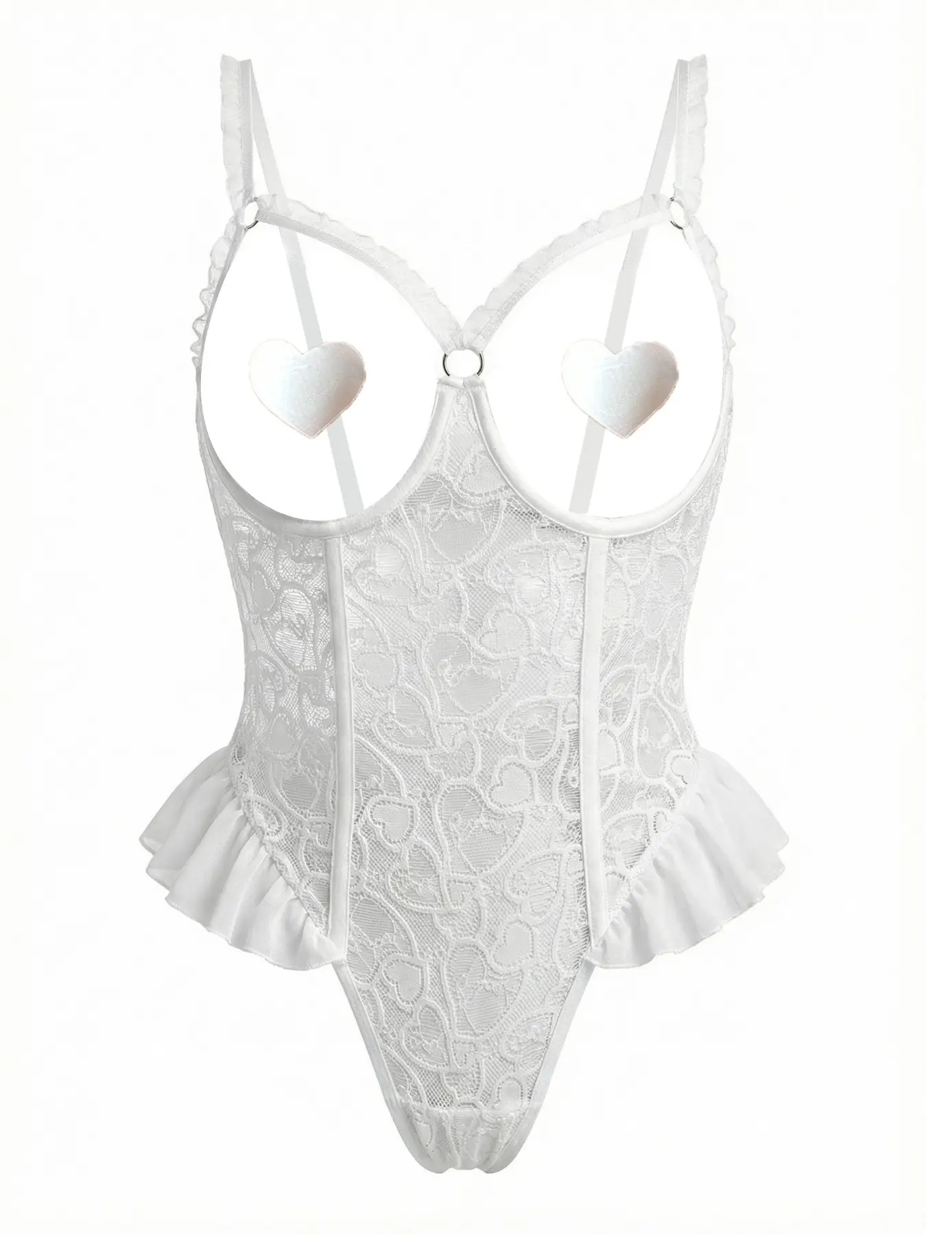 Sexy Women's Bodysuit, Valentine's Style Spaghetti Strap Lace Spliced Mesh Hollow Out Crotchless Design, Underwire Lingerie, Glamour Lingerie Set, Underwear, 3-Piece Set Including Bodysuit + 2 Pairs of Nipple Covers