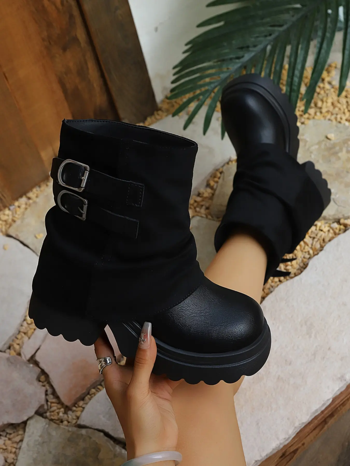 New Women's Dual Buckle Patchwork Thick Sole Chunky Heel Motorcycle Boots, Y2K Style, Fall Winter, Streetwear, Daily Wear