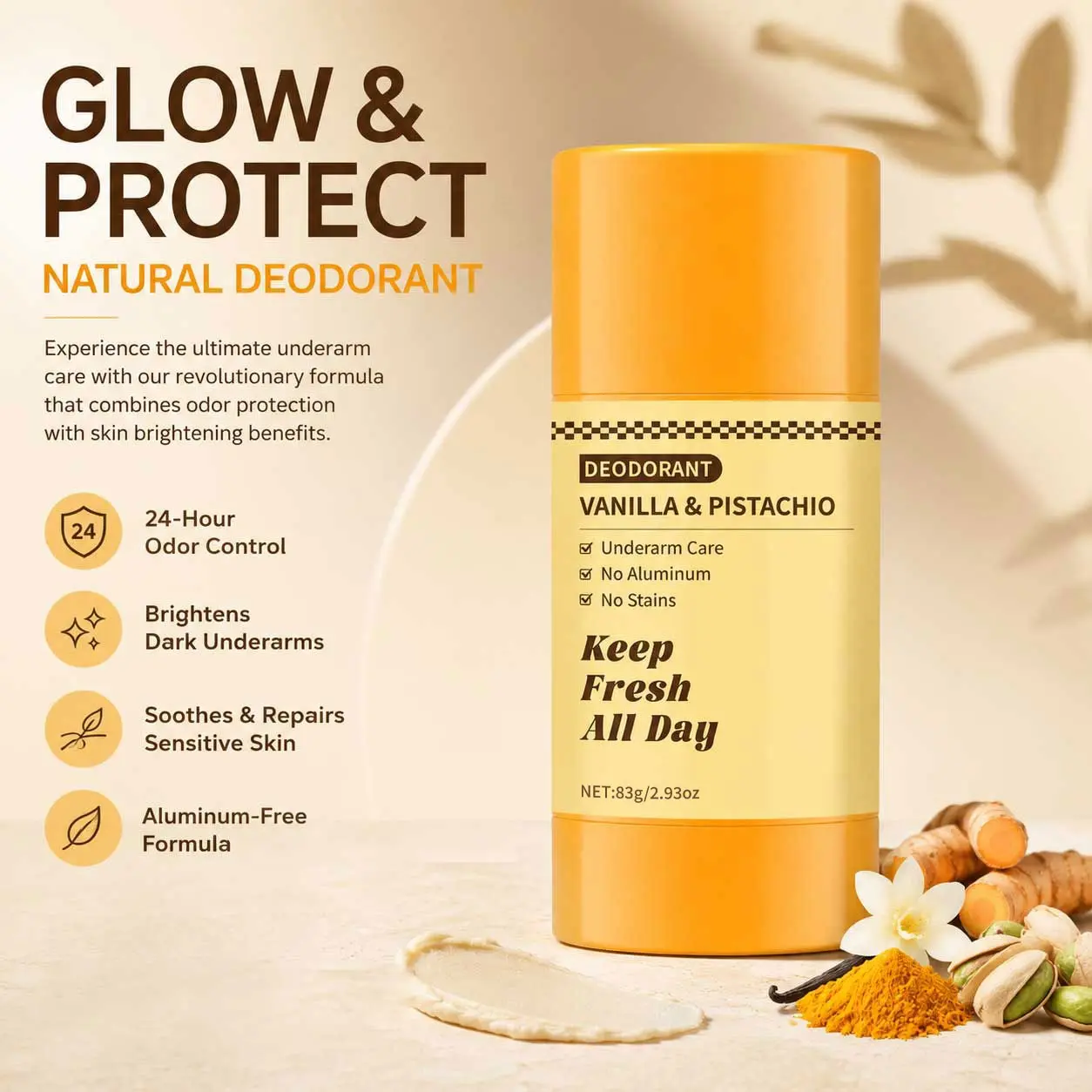 Kojic Acid & Turmeric Aluminum-Free Deodorant with Vitamin C & Niacinamide, Vanilla & Pistachio Perfumed Stick, All-Day Odor Protection for Women & Men, Brightening Underarm Deodorant for Odor, Discoloration & Ingrown Hairs, 2.92 oz.