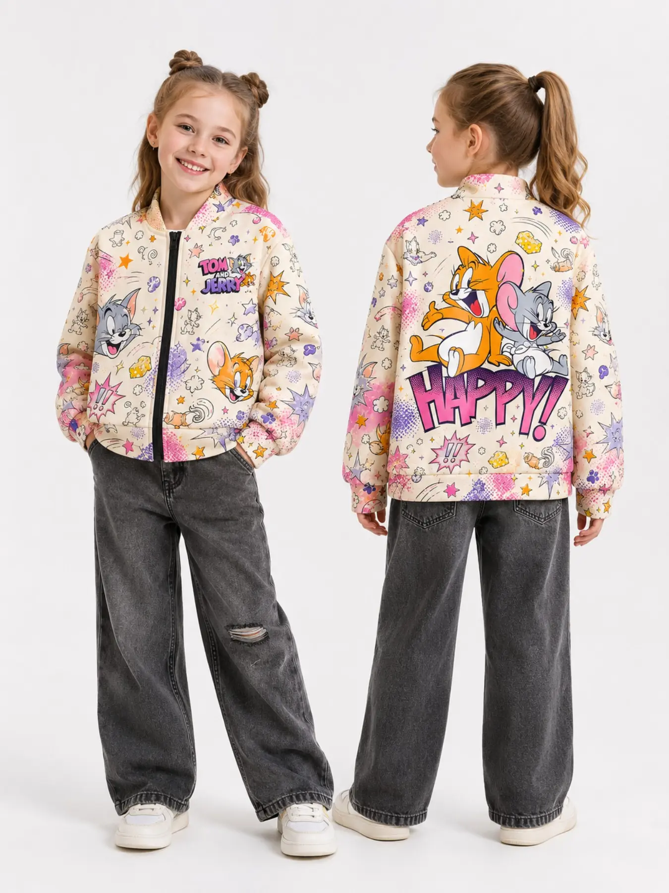 Warner Bros Tom and Jerry Kids Jacket, Cute Cartoon Print Zipper Top, Zip Up Jacket, Slim-Fit Long Sleeve, Fall & Spring Fashion, Ages 6-14