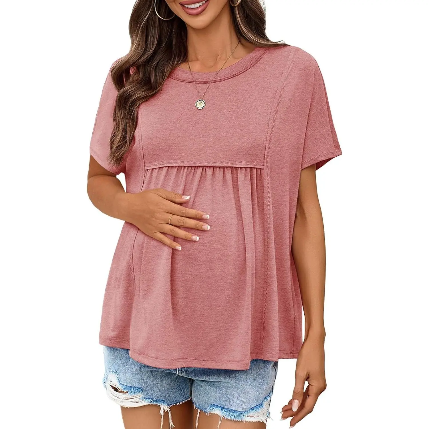 Womens Maternity Tops Batwing Short Sleeve Pregnancy T Shirts | Summer,Casual,Oversized,Pleated,Pregnancy Clothes,Trendy,Flowy