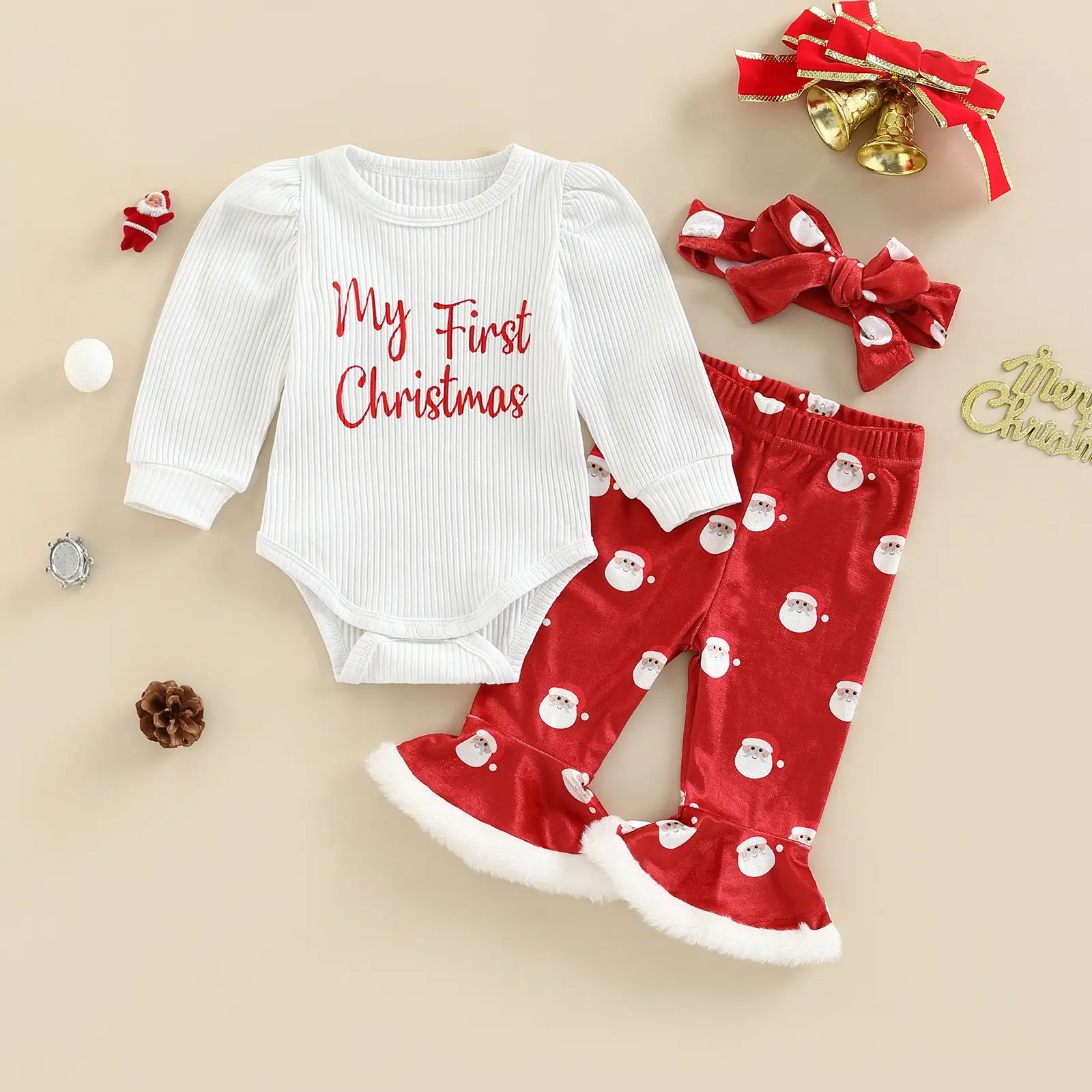 My First Christmas Baby Girl Outfit Long Sleeve Ribbed Romper + Santa Claus Print Flared Pants + Headband 0-18 Months Infant 1st Christmas Clothes