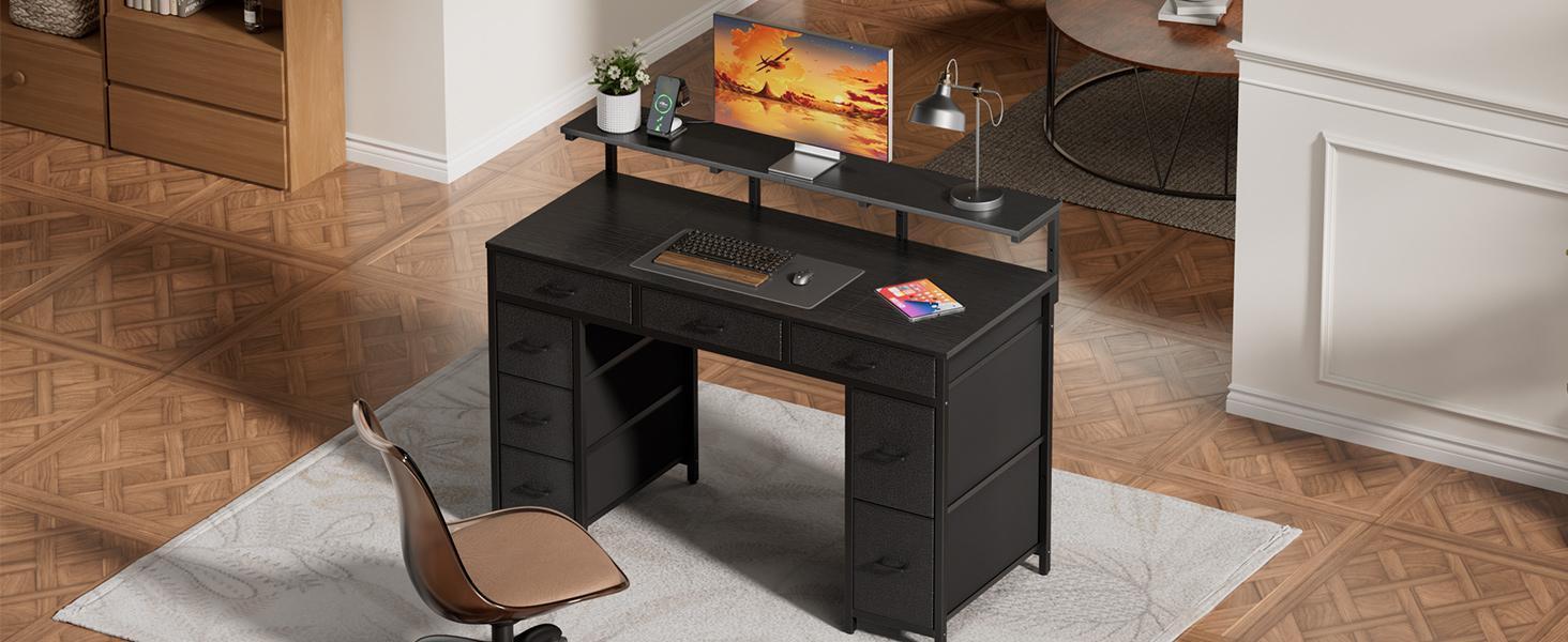 Ecofurnix,47 inch Computer Desk with 8 Storage Drawers, Gaming Desk with LED Lights & USB Power Outlets, Home Office Table with Monitor Stand, Study Writing Work Table for Bedroom Thicker Desktop Oval  Table Wood Workstation summerwins